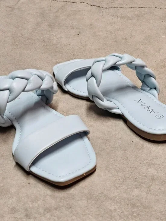 Braided Strap Light Blue Square-Toe Womens Sandals - Picture 3 of 8